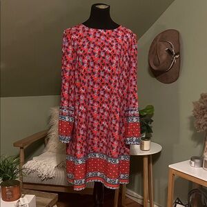 LOFT Vibrant Red and Blue Long Sleeve Dress